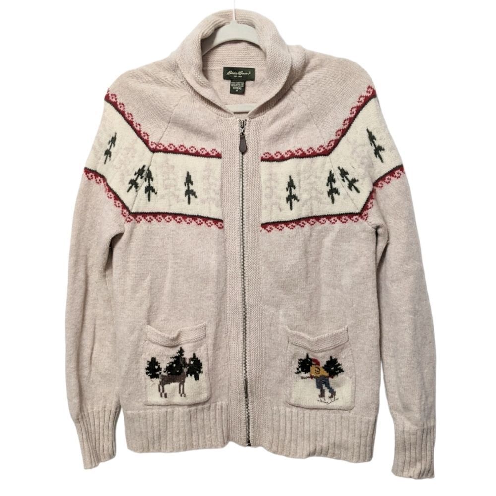 EDDIE BAUER 100% Lambswool Intarsia Graphic Knit Ski Cardigan M